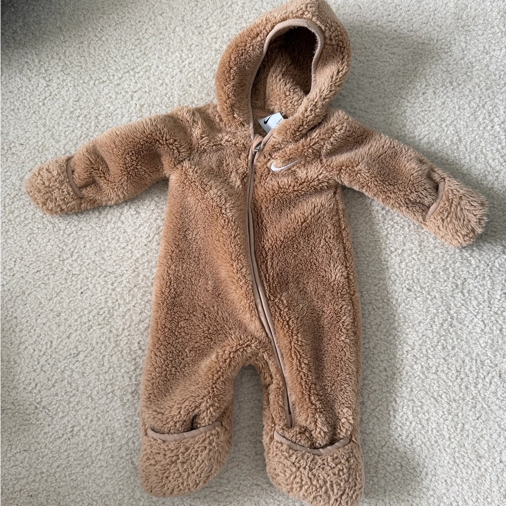 Nike Plush Hooded Baby One-Piece in Light Brown